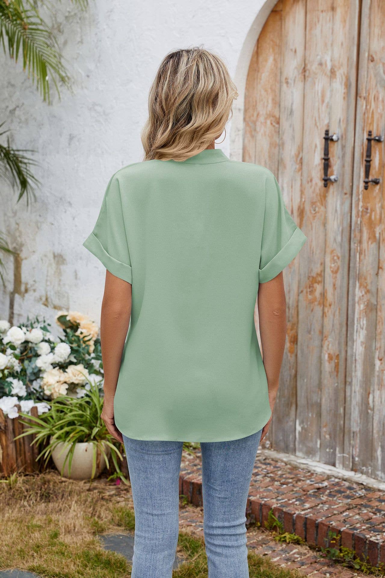 Solid Color V-Neck Short Sleeve Button Chiffon