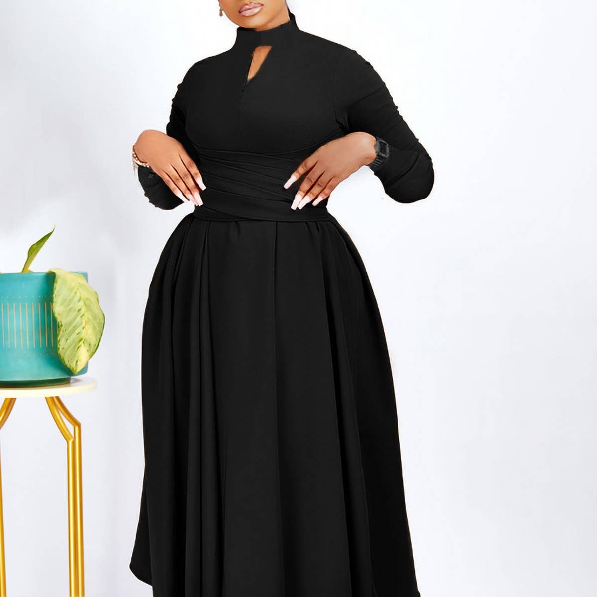 FASHIONABLE PLEATED PLUS SIZE SWING SKIRT DRESS_CWDMD3665