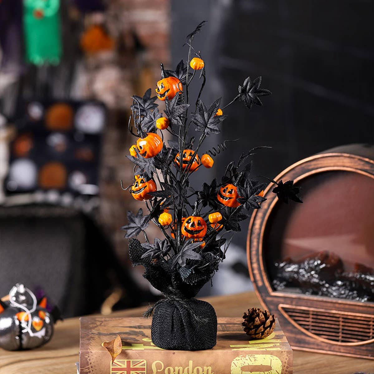 BLACK HALLOWEEN PUMPKIN MAPLE LEAF DECOR TREE_CWMM9828