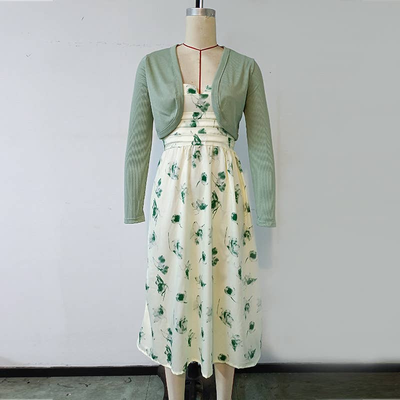 Spaghetti Strap Midi Dress With Knit Cardigan Set