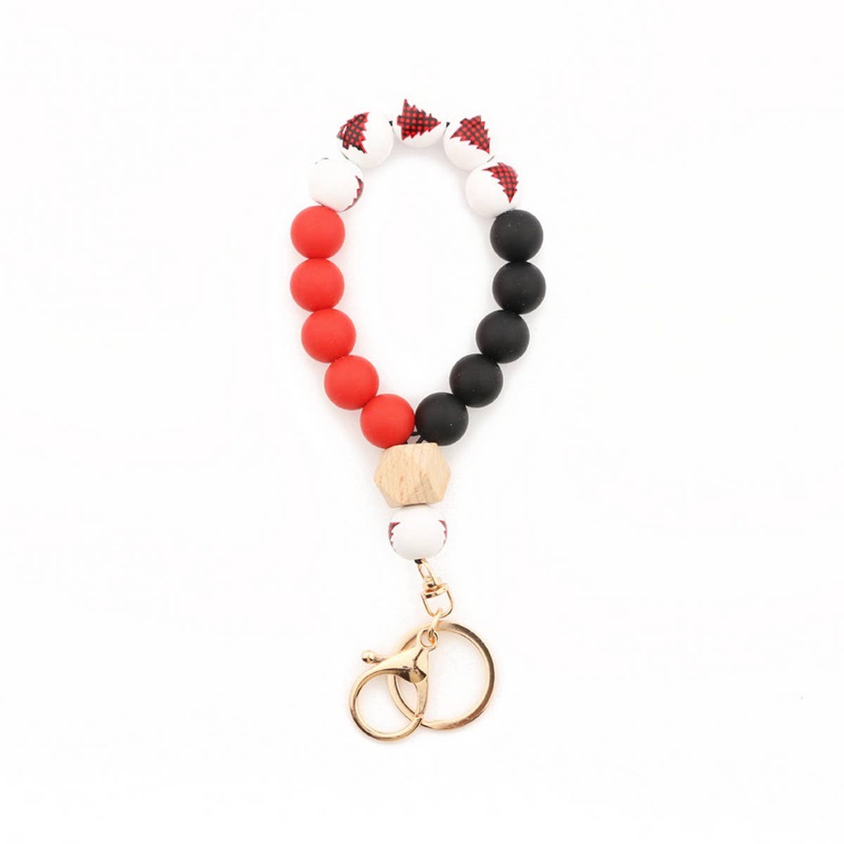 CHRISTMAS WOOD BEAD BRACELET WITH SILICONE KEYCHAIN_CWMM7014