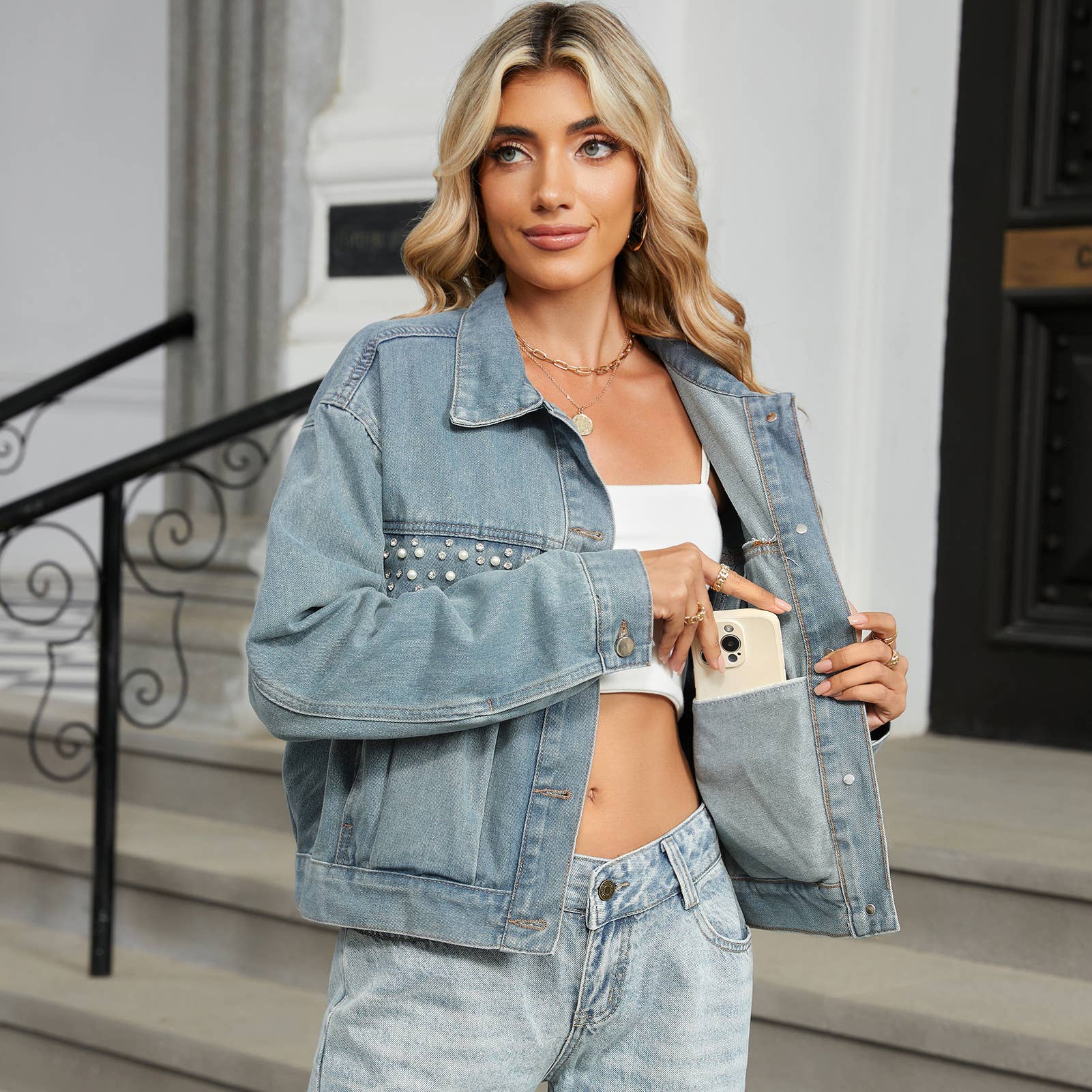 Washed Vintage Diamond-Encrusted Denim Jacket