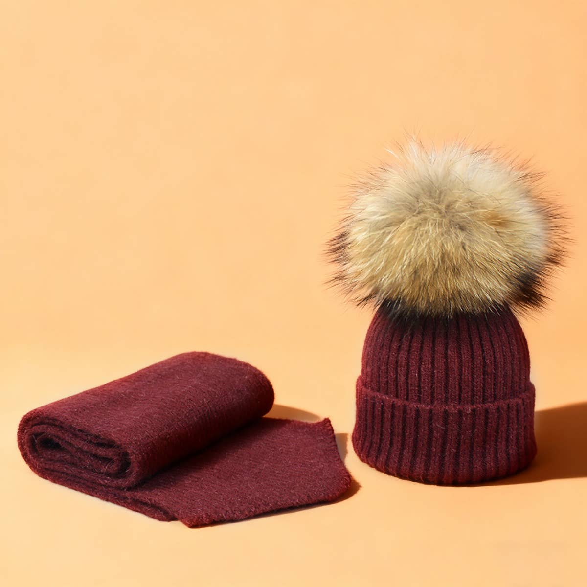 Knit Hat & Scarf Set With Pom Ball_Cwah05028