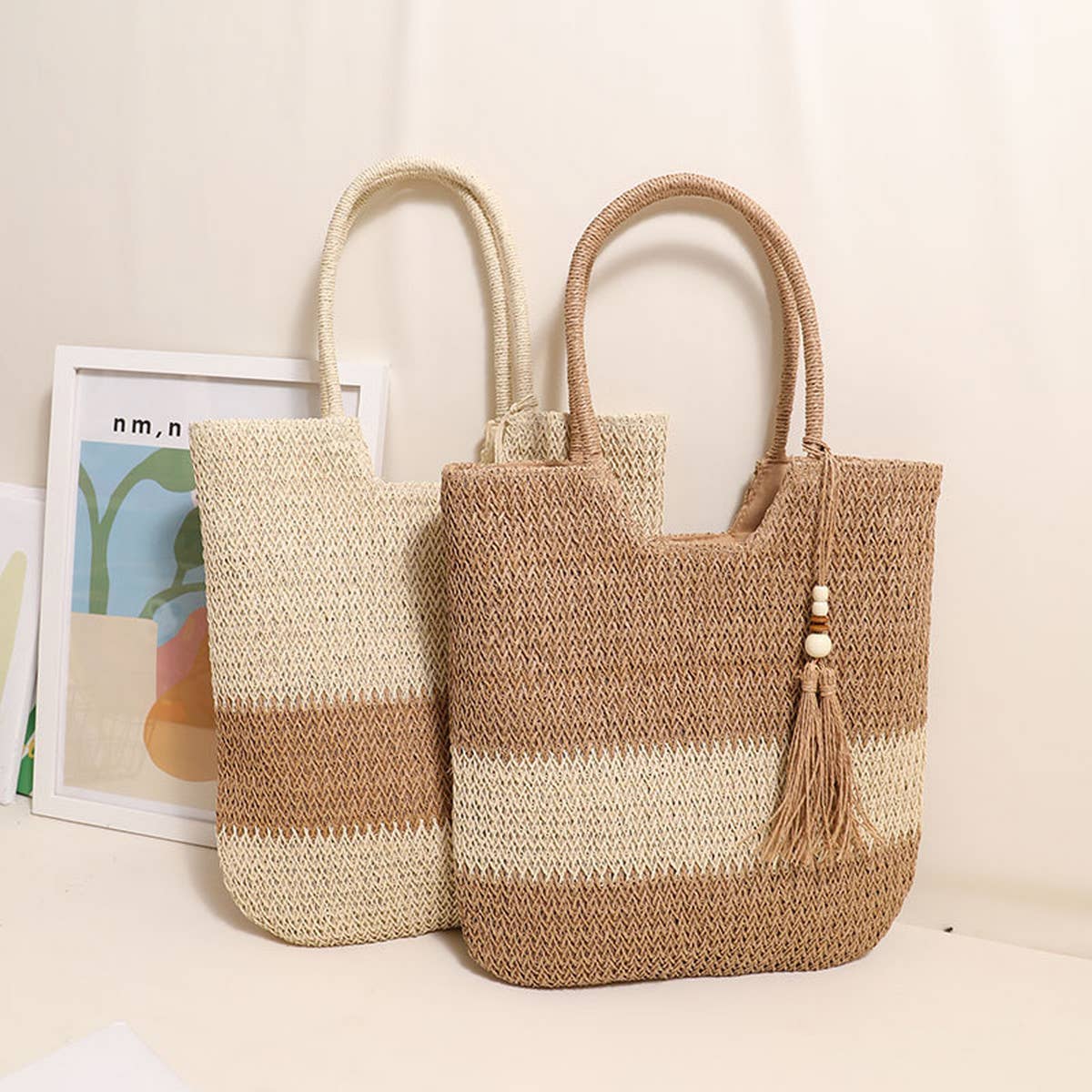 CASUAL WOVEN TWO COLOR BEACH BAG WOVEN BAG_CWAB1861