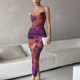 Tie-Dye Drawstring Bodycon Mesh Midi Dress