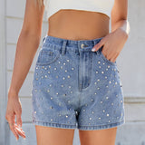 Washed Design With Beaded Slimming Denim Shorts