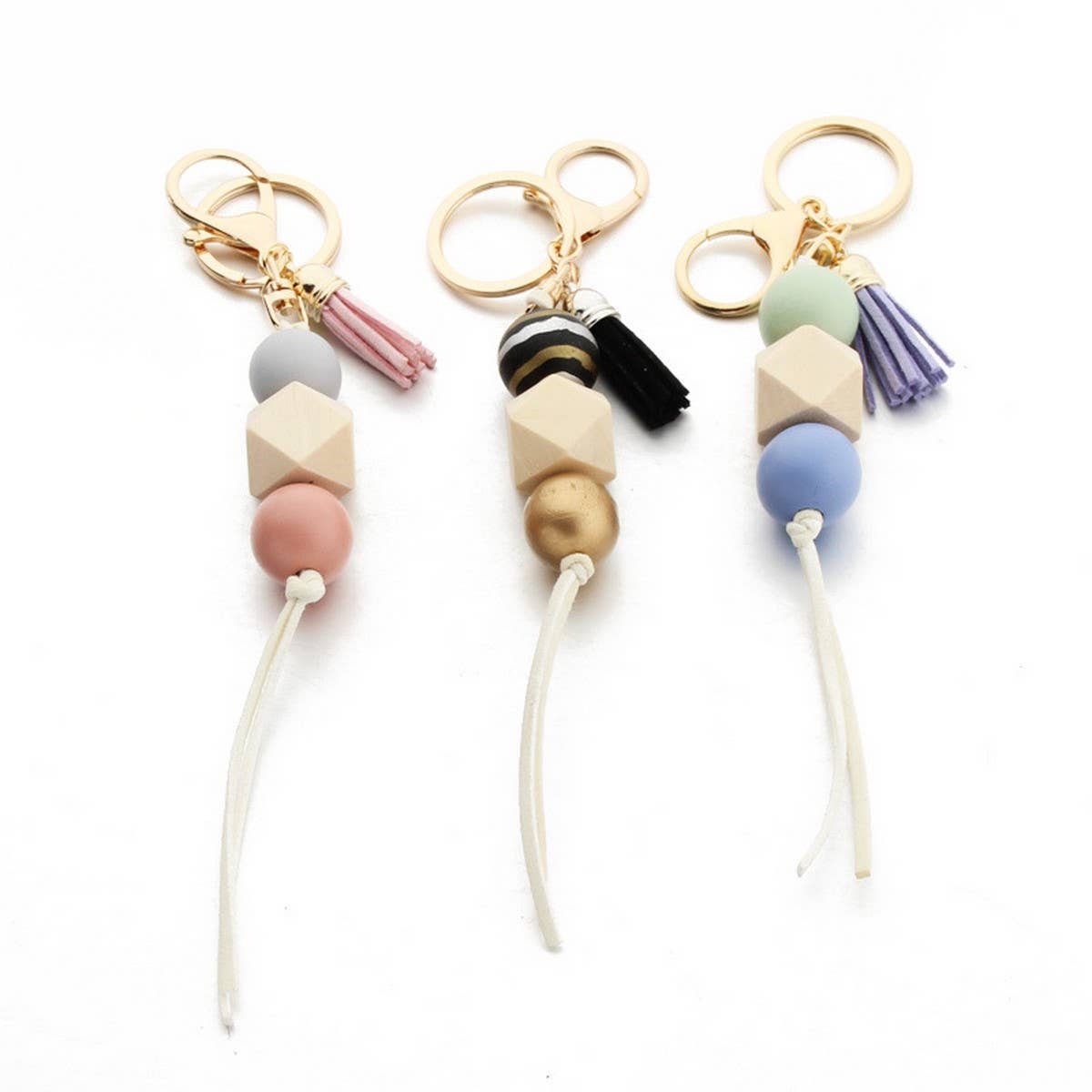 LEOPARD WOOD BEAD KEYCHAIN WITH MINI TASSEL_CWMM7022