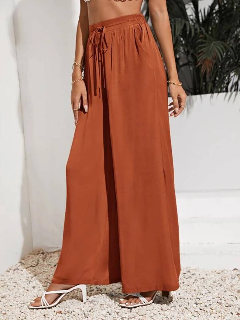 Solid-Color Loose Tight Waistband Wide-Leg Pants