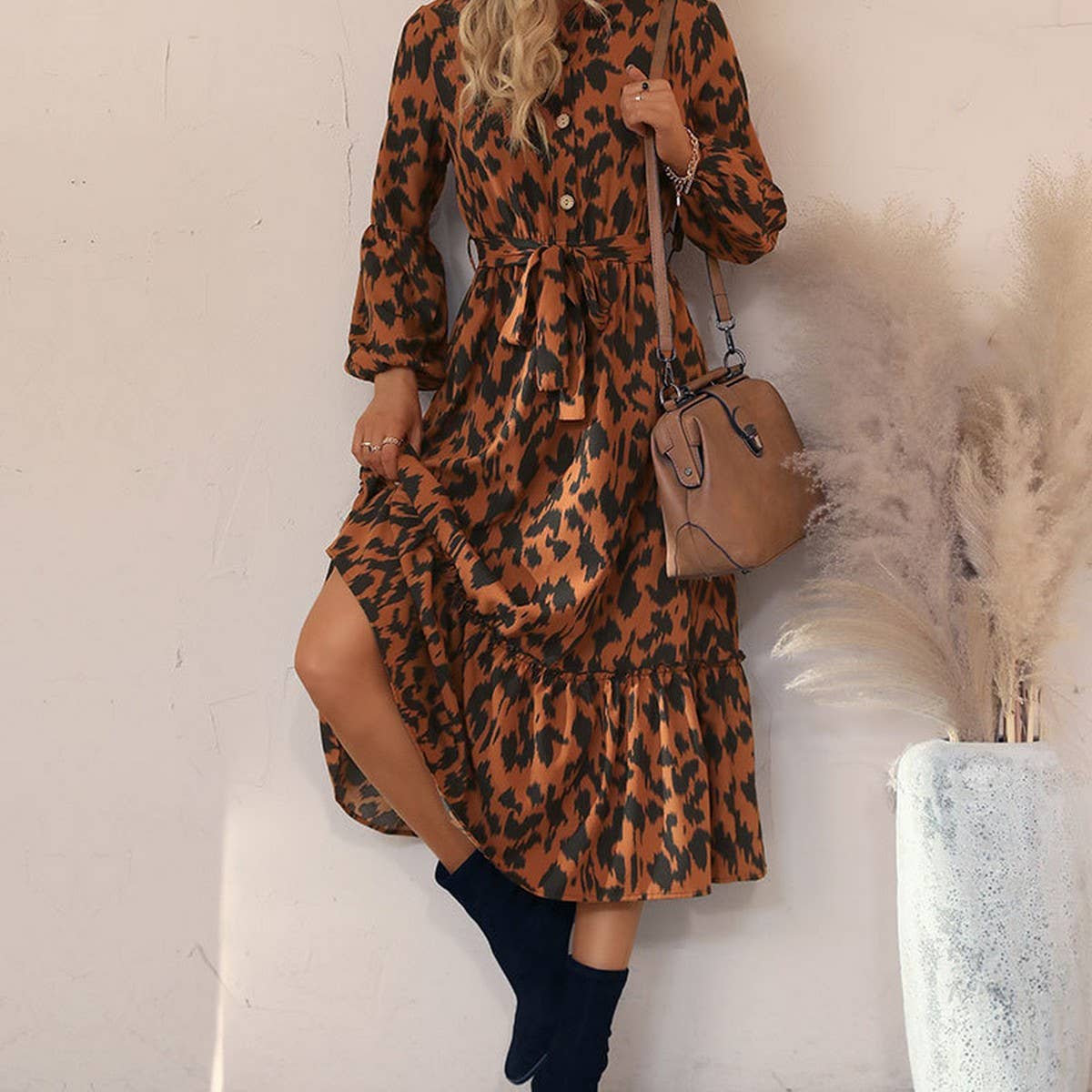 Stand Collar Long Sleeve Leopard Print Dress