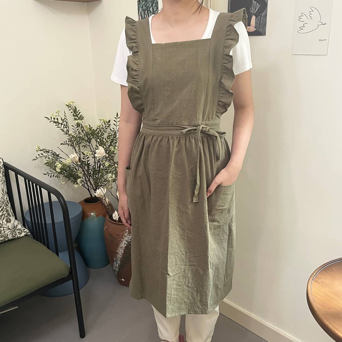 SOLID COLOR COTTON PASTORAL FLORAL SMOCK APRON_CWMM5829