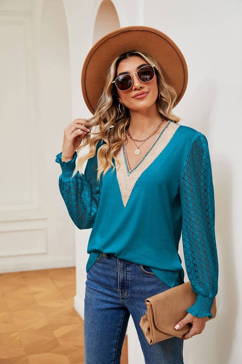 Cwtbll2401_V-Neck Lace Stitching Long-Sleeved Casual Top