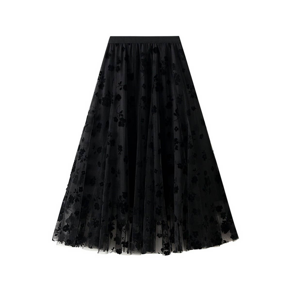 FLOCKED TULLE PATCHWORK A LINE FLARED SKIRT_CWBMS0405