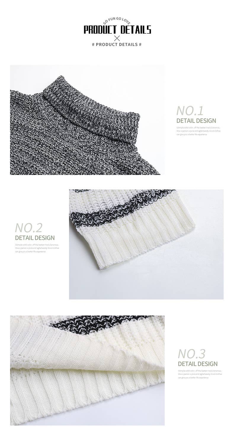 Striped Knit Mid-Length Turtleneck Sweater Dress