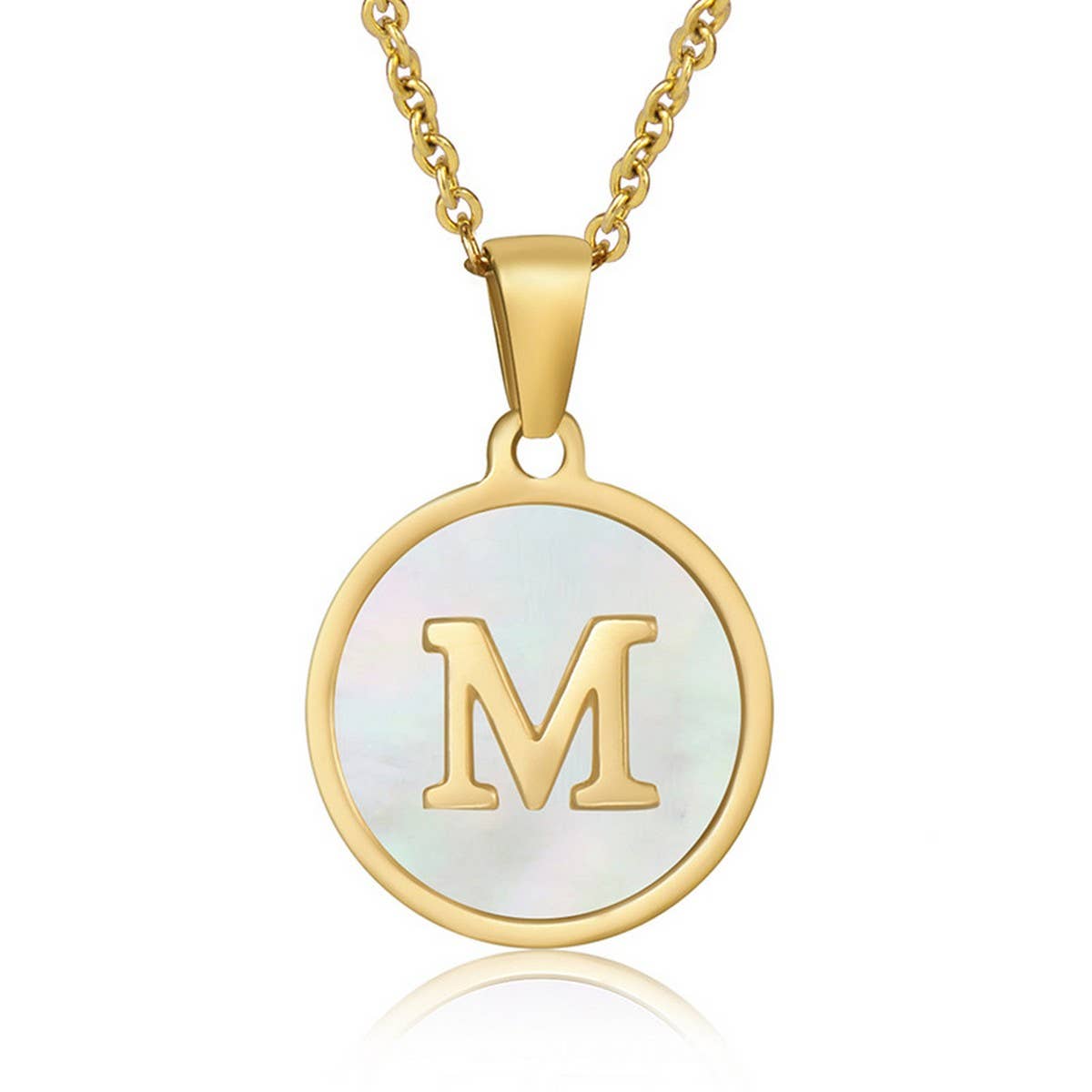 Cwaje1934_Round Stainless Steel White Shell Letter Necklace