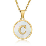 Cwaje1934_Round Stainless Steel White Shell Letter Necklace