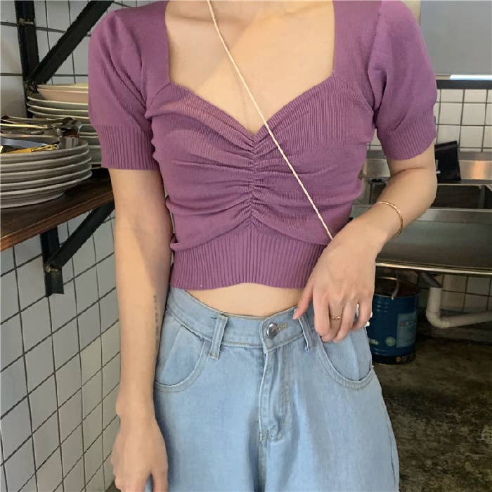 Vintage V-Neck Puffy Sleeve Knit Base T-Shirt