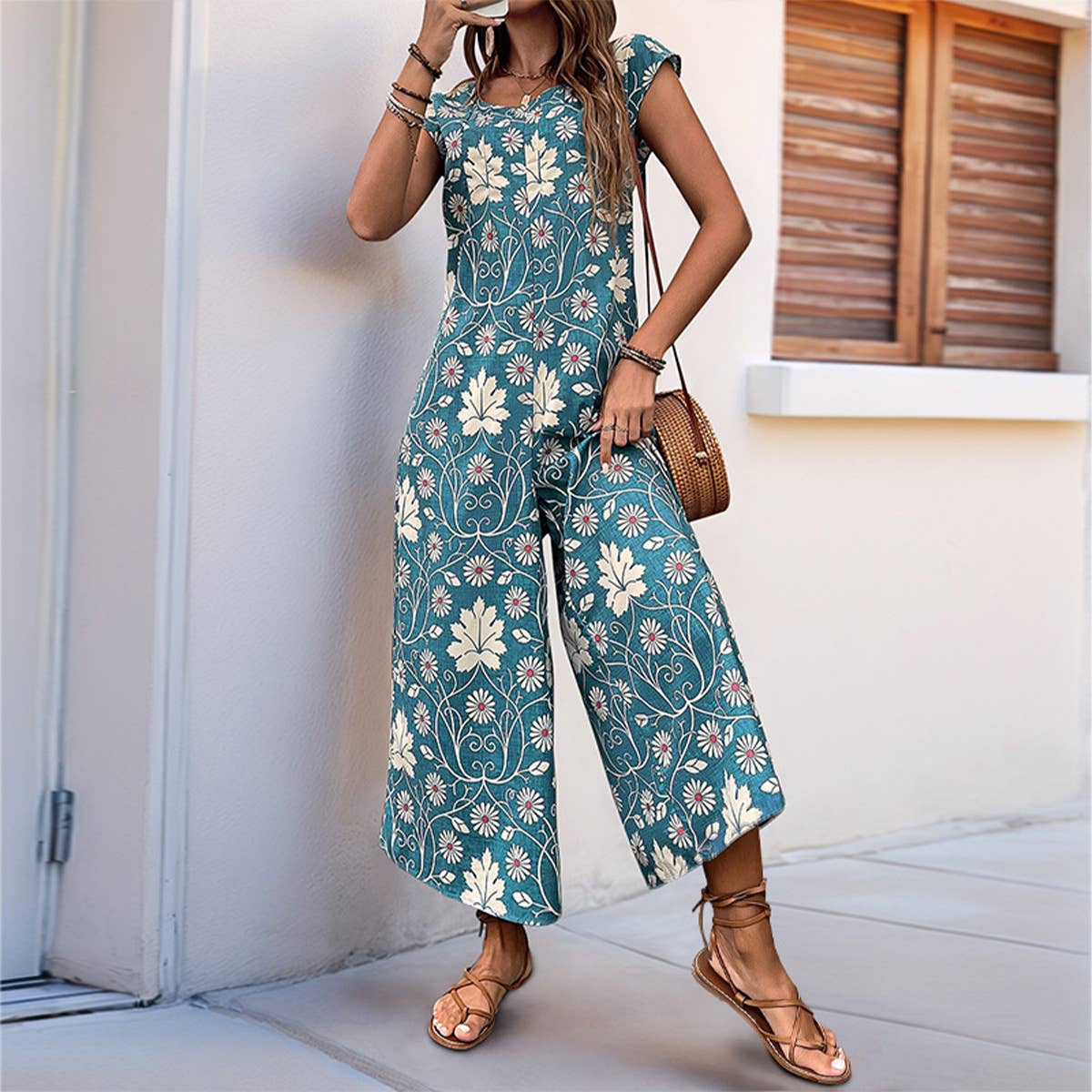 Vintage Floral Print Casual Straight-Leg Jumpsuit