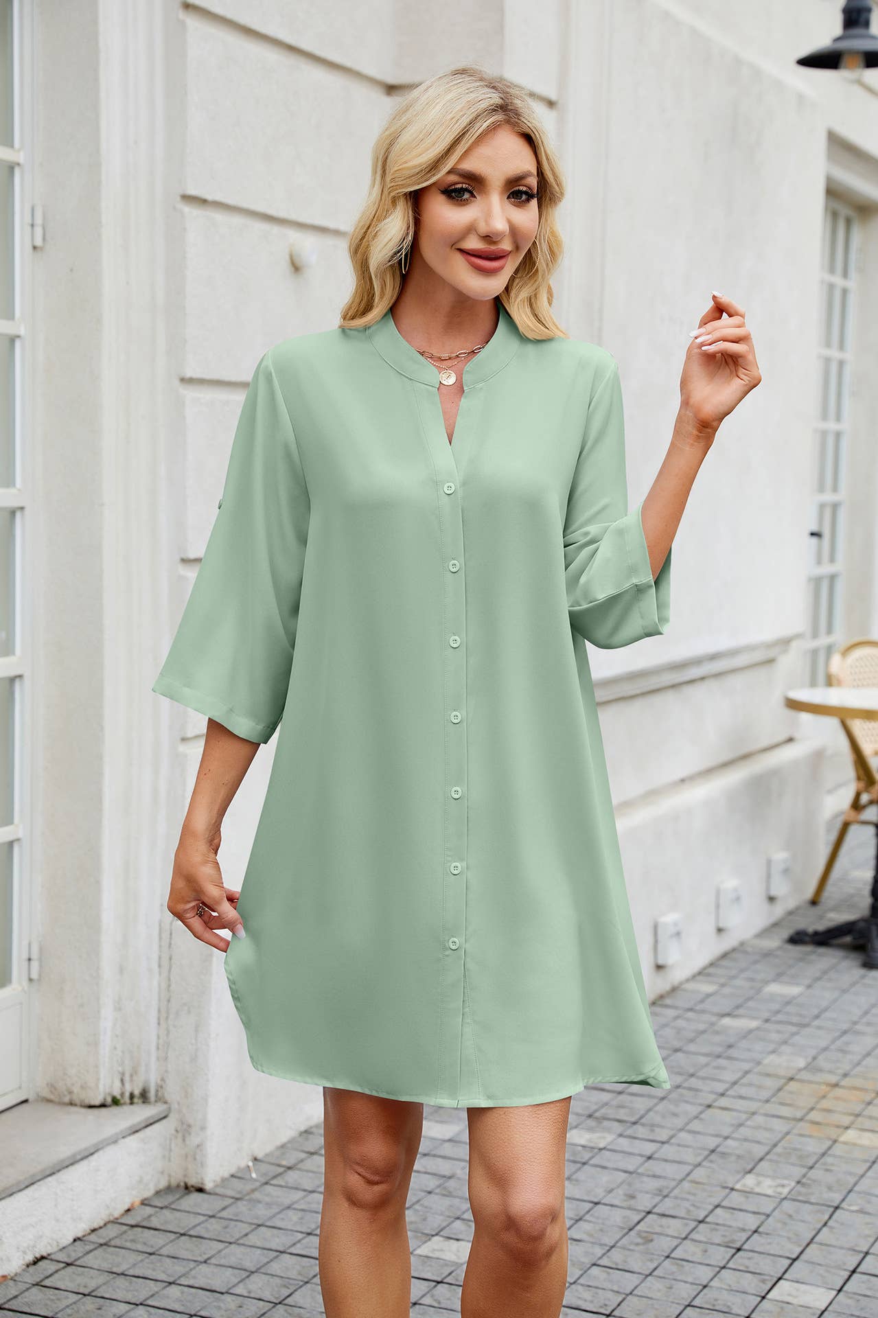 Solid Color Mid-Sleeve Button-Down Shirt Dress