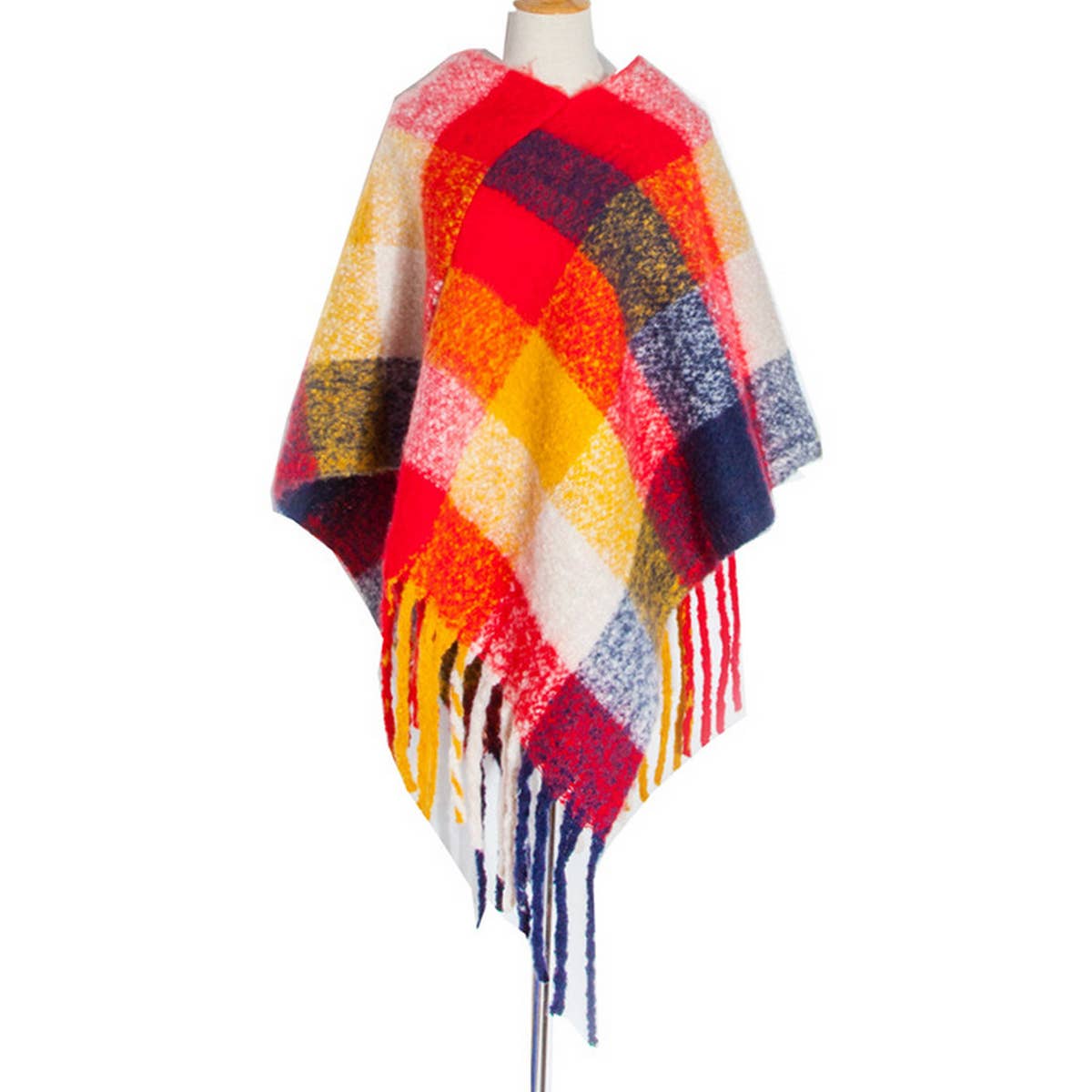 BOUCLE YARN THICK TASSEL COLORFUL PLAID SHAWL_CWASC1208