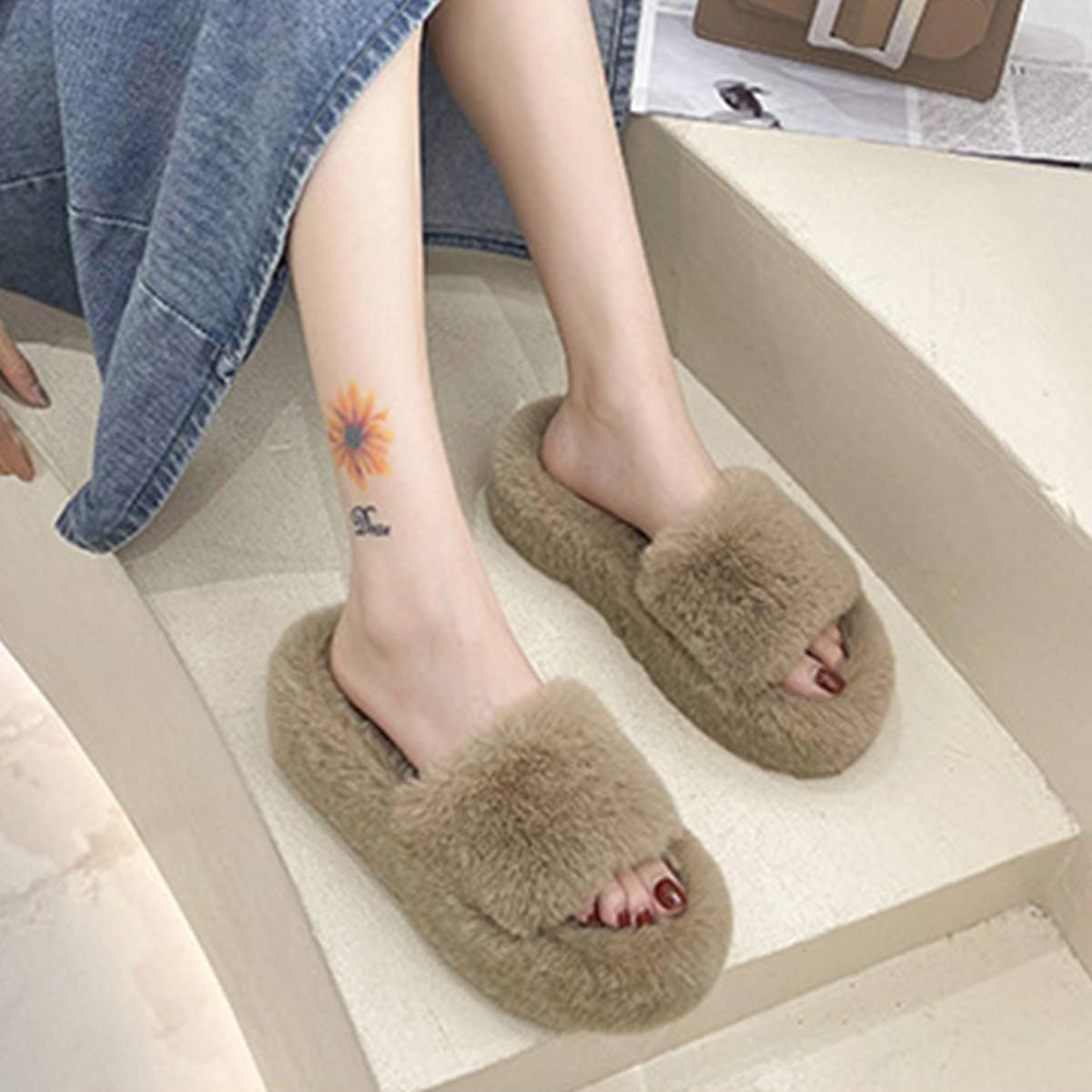 Wear Thick Bottom Of Plush Slippers Outside