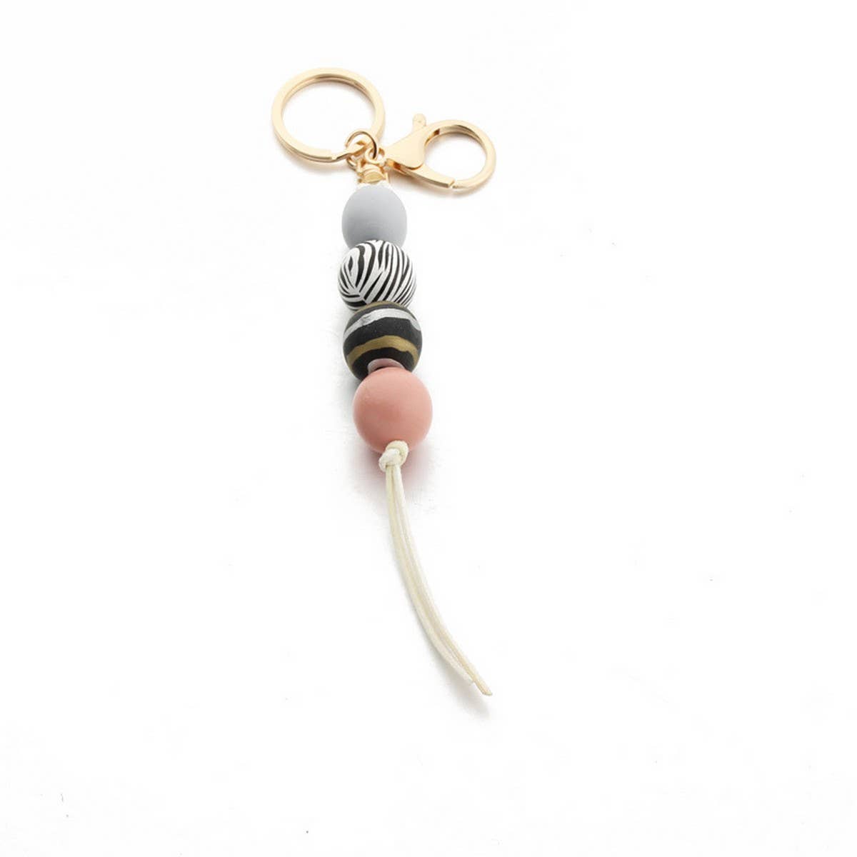 LEOPARD WOOD BEAD KEYCHAIN WITH MINI TASSEL_CWMM7022