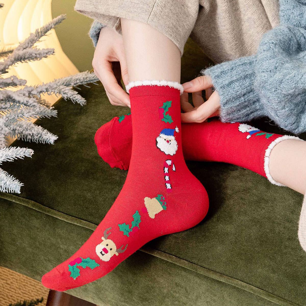 SANTA CLAUS ELK PATTERN CREW SOCKS FOR CHRISTMAS_CWMS0904