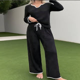 V-Neck Loose Casual Drawstring Long Pants Set