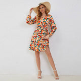 V-Neck Floral Waist-Cinched Elegant Dress