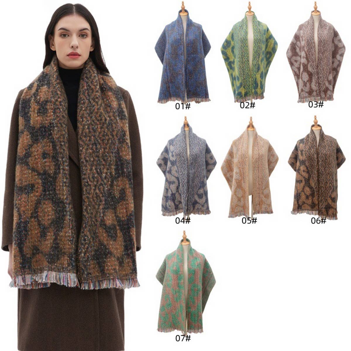 LEOPARD JACQUARD SCARF FRINGE WINTER WRAP_CWASC0872
