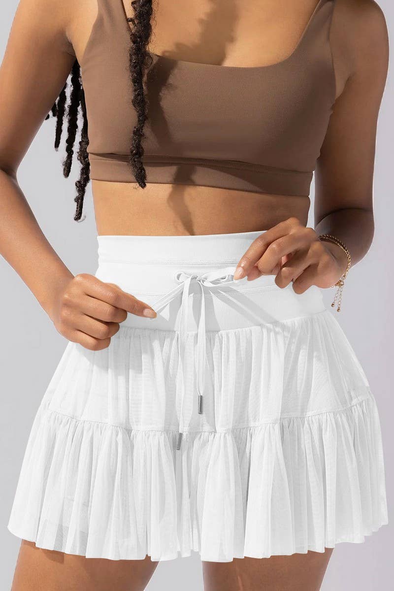 Womens High Waist Lace-Up Pleated Skirt