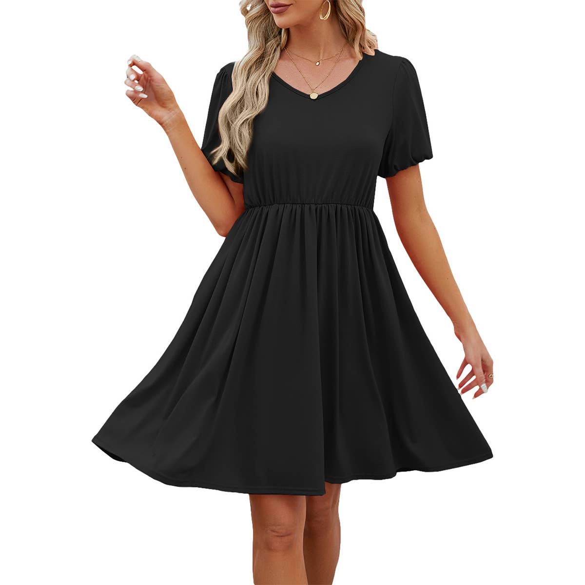 V-Neck Puffy Sleeve Pleated Skirt Dress