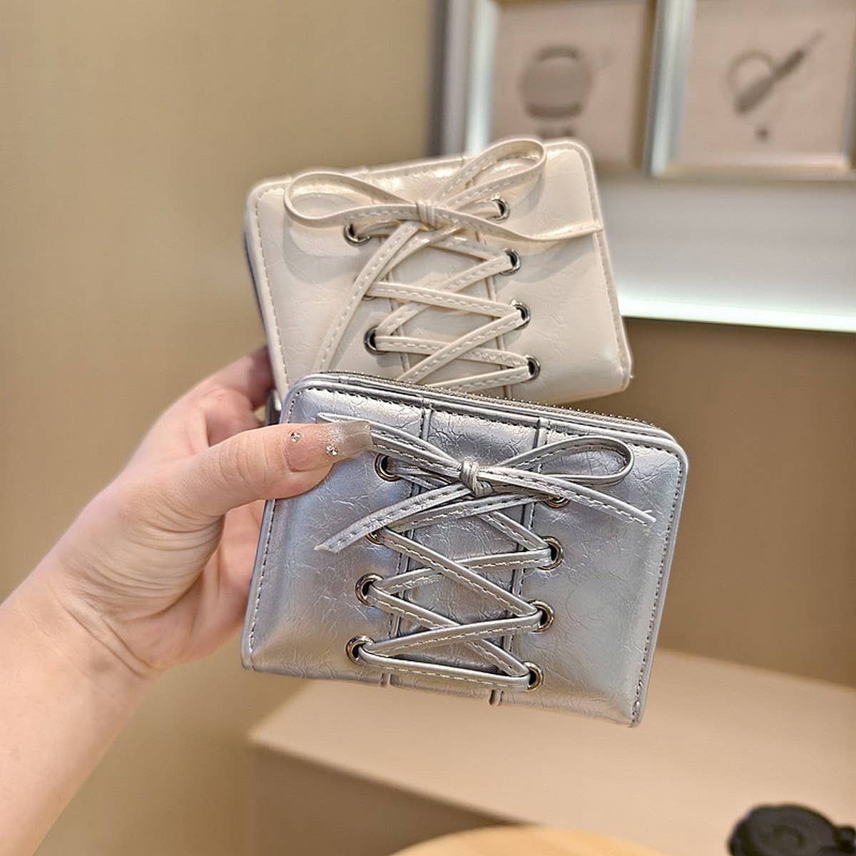 Solid Color Bow Pu Zipper Wallet, Large Capacity_Cwab06247