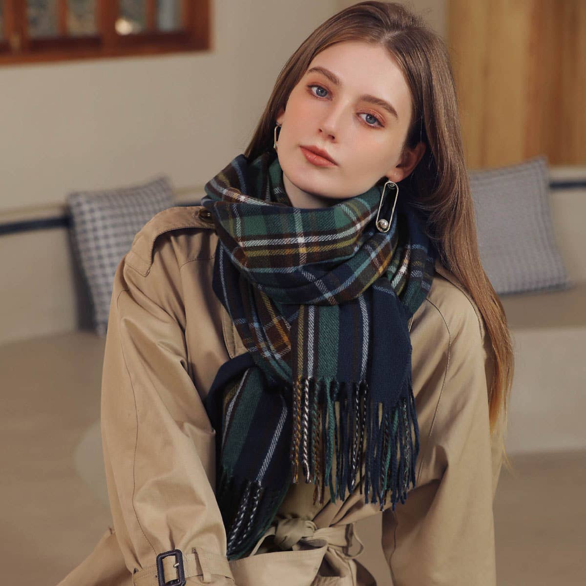 PLAID WINTER SCARF FOR WOMEN WITH TASSELS WARM_CWASC0186