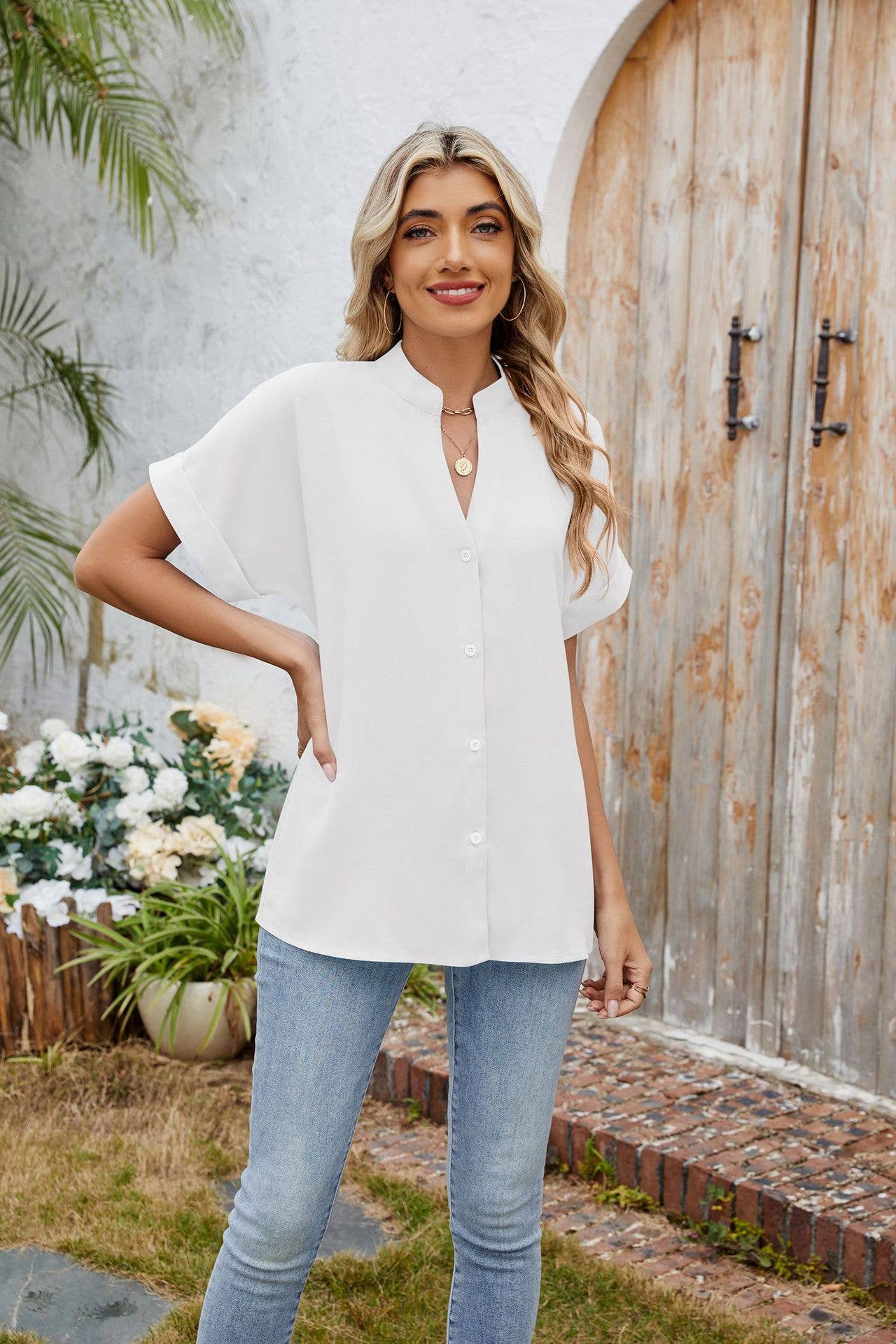 Solid Color V-Neck Short Sleeve Button Chiffon