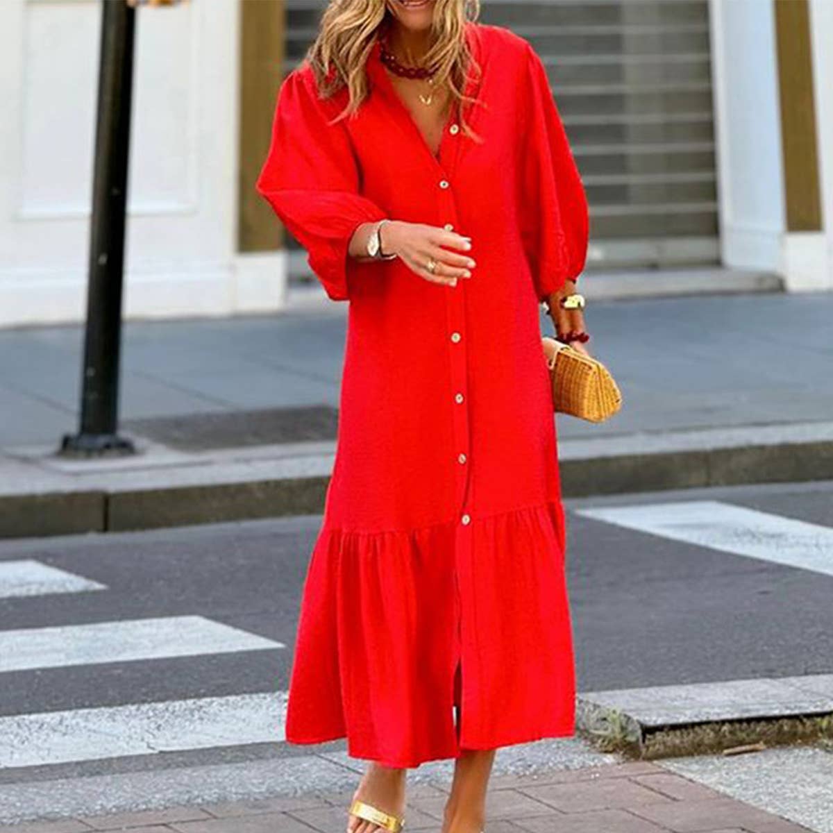 Stand Collar Single-Breasted Dress