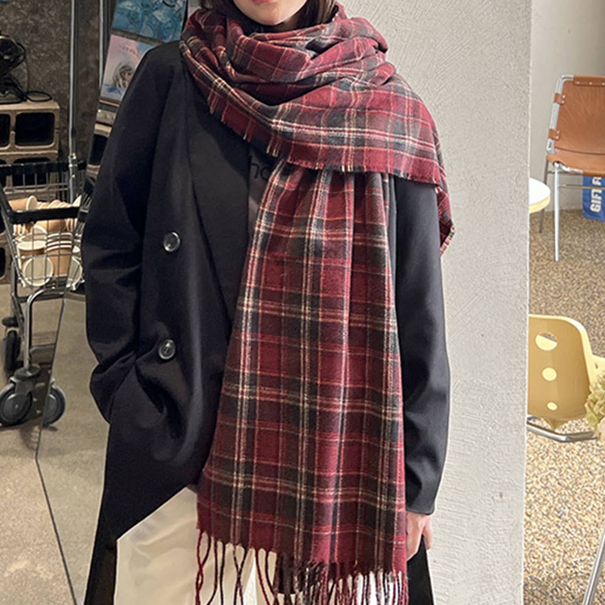 RED PLAID WINTER SCARF THICK WARM SHAWL WRAP_CWASC0175