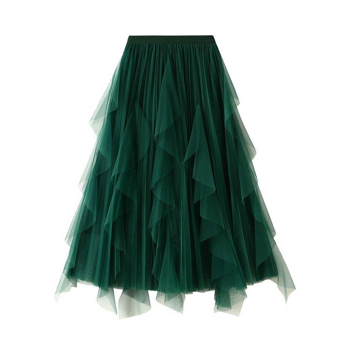RUFFLED MESH PANEL HIGH WAIST PLEATED MIDI SKIRT_CWBMS0381