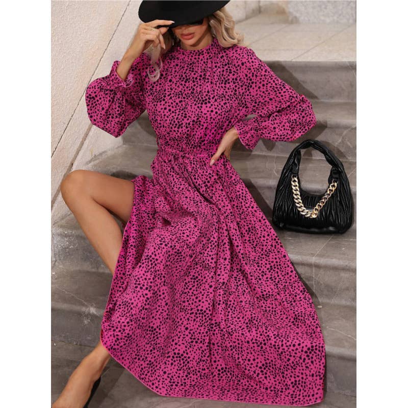 Spotted Print Stand Collar Ruffled Dress