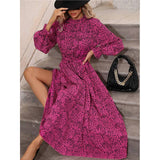 Spotted Print Stand Collar Ruffled Dress