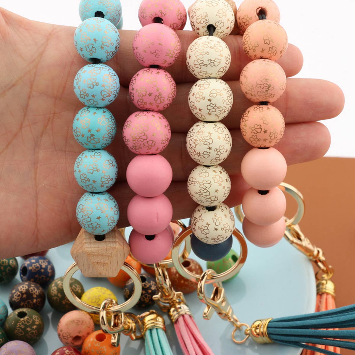 PRINTED WOODEN BEADS SPOTS TASSEL KEYCHAIN_CWMM1323