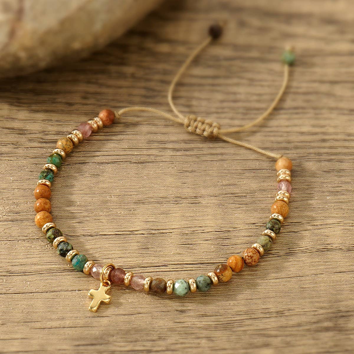 GOTHIC CROSS NATURAL SEMI PRECIOUS STONE BRACELET_CWAB4626