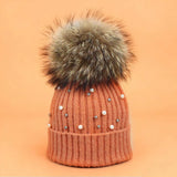 Women¡¯S Knit Beanie With Pearl & Fur Pom_Cwah04987