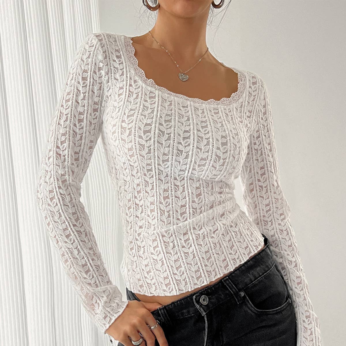 U-Neck Lace-Trimmed Slim-Fit T-Shirt