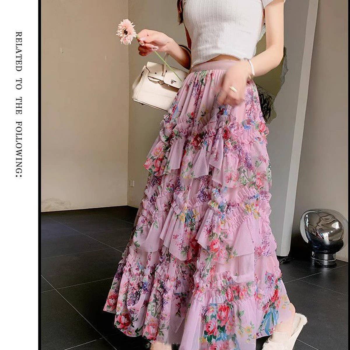 COLORFUL FLORAL MESH PRINT PLEATED TULLE SKIRT_CWBLS0399