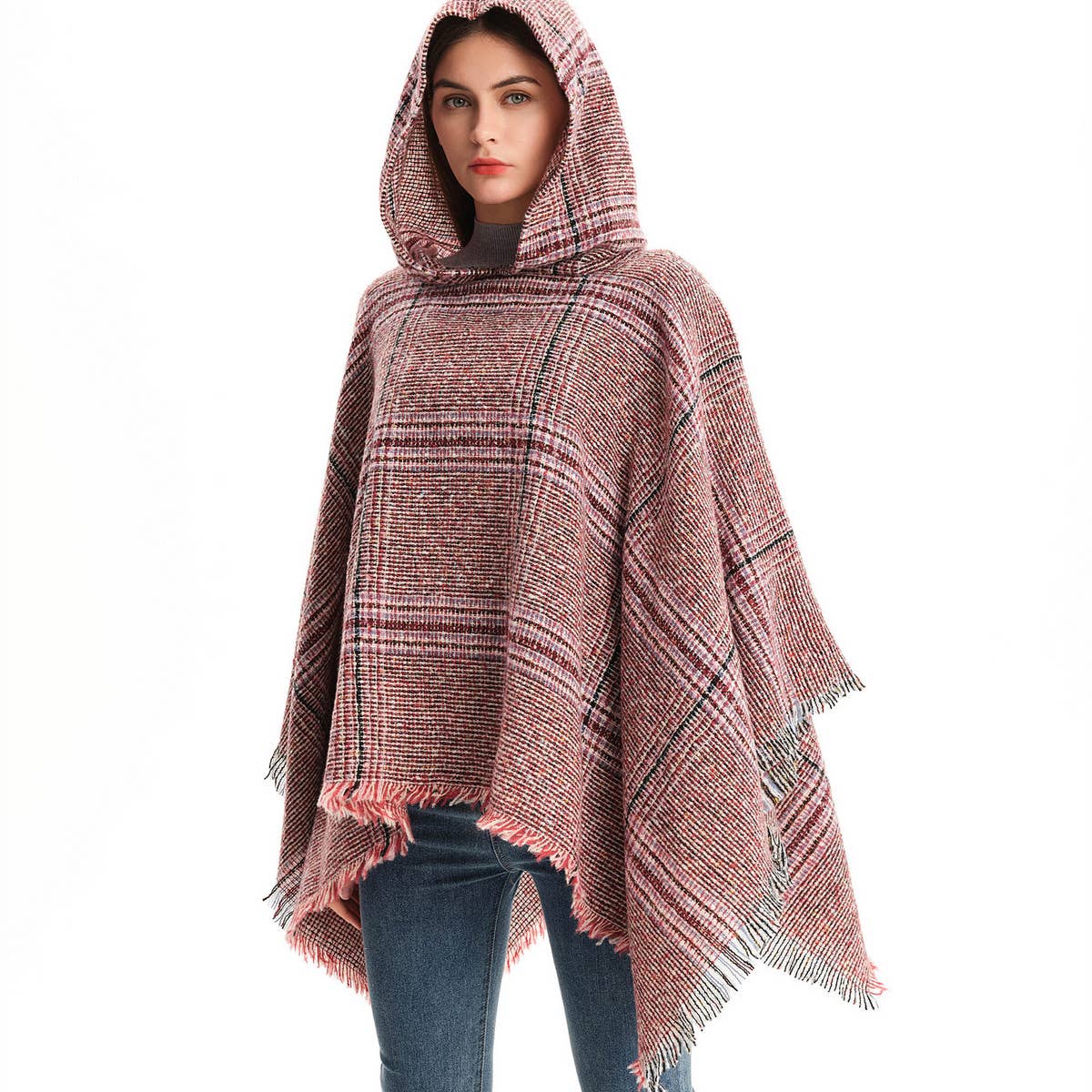 CIRCLE YARN FUR LARGE PLAID HOODED CAPE SHAWL_CWASC1211