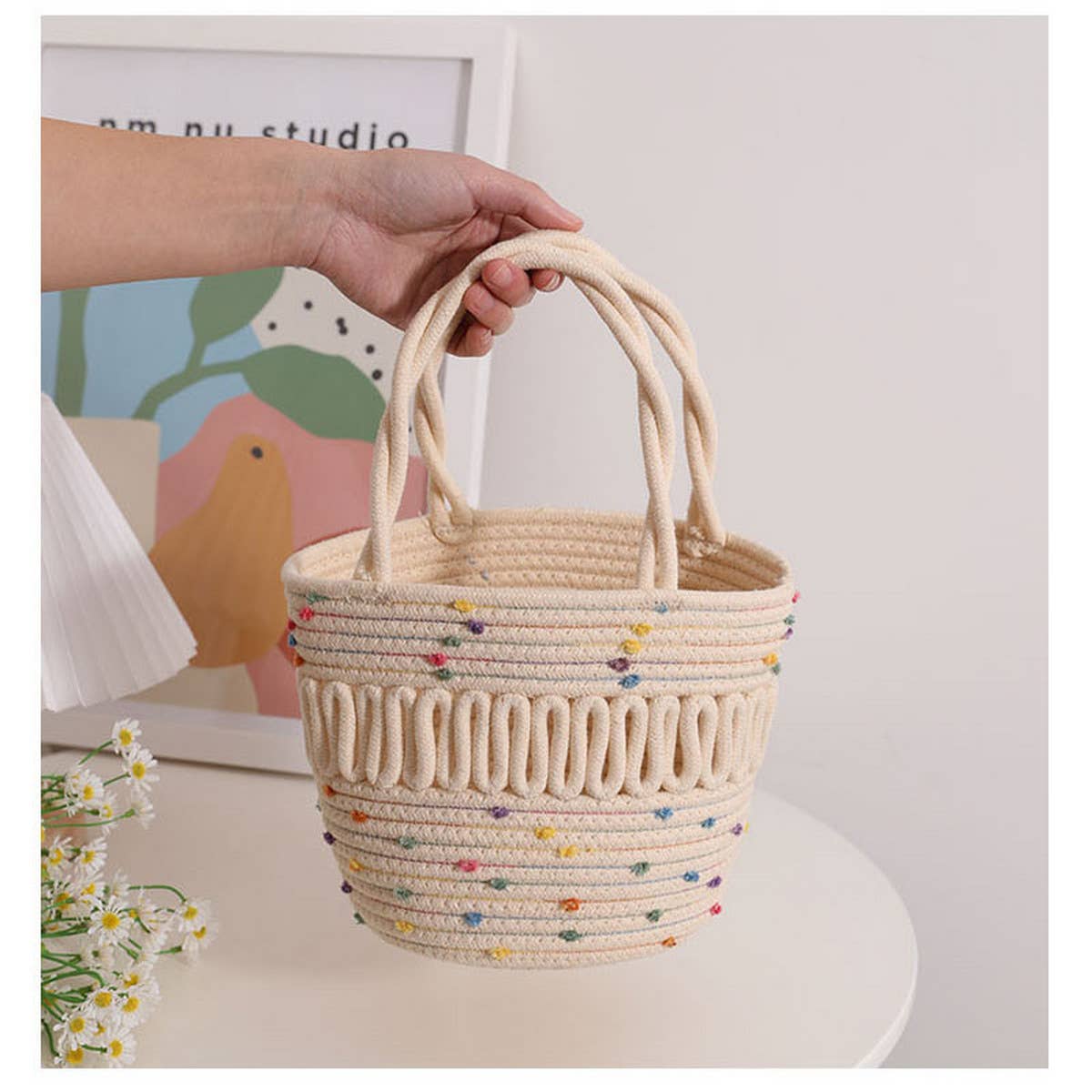 CUTE COLORFUL HOLLOW BUCKET WOVEN BAG_CWAB1888
