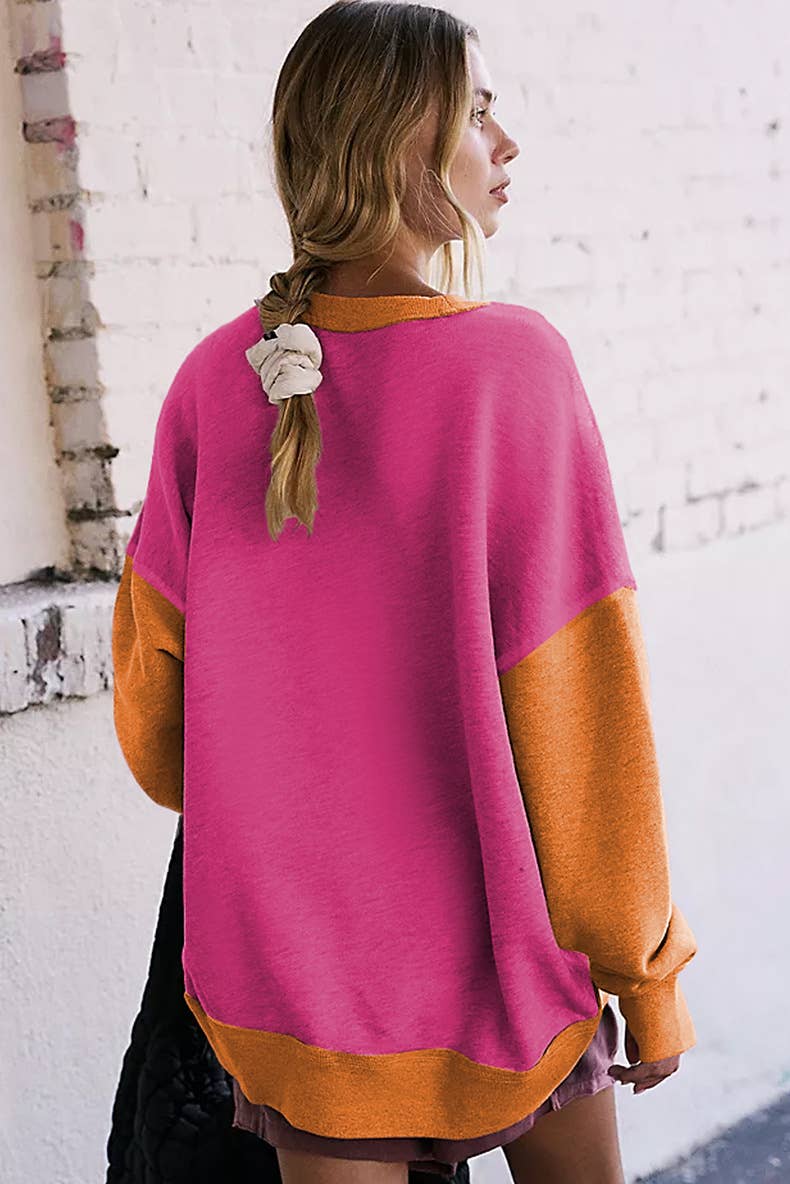 Two-Tone Round-Neck Loose Pullover Hoodie