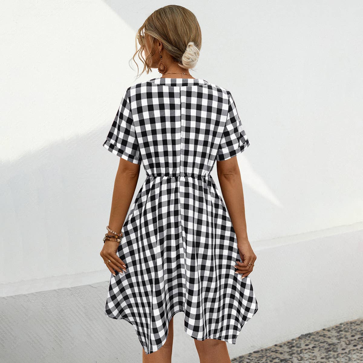 V-Neck Plaid Irregular Dress
