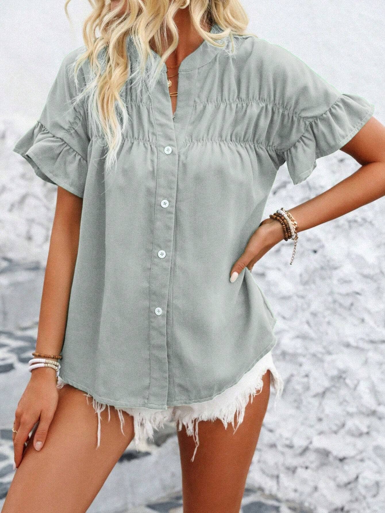 Womens Casual Pleated Button-Down Linen Shirt