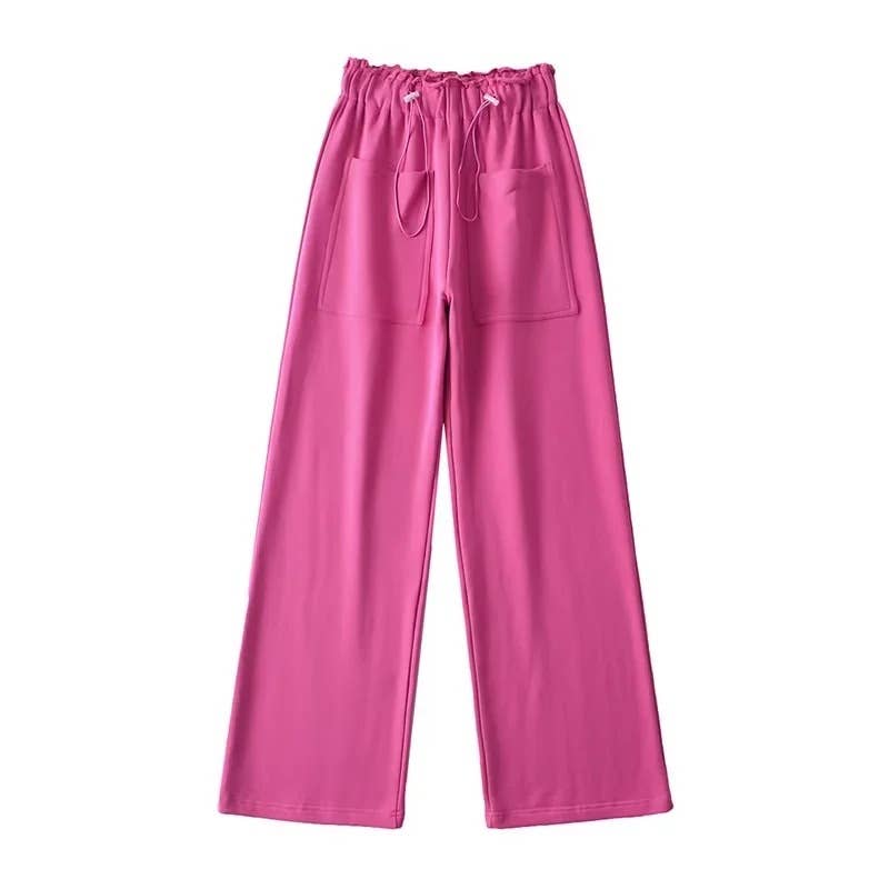 Solid Color Slacks With Loose Waist Large Pockets